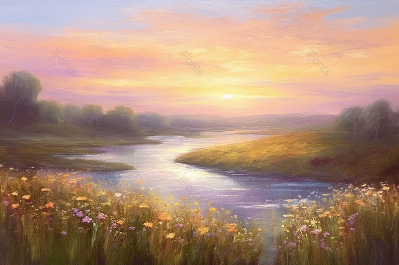 春天花丛平原绿色草地河流黄昏日落唯美油画,插画/手绘图,插画/手绘图库,插画/手绘图下载,插画/手绘
